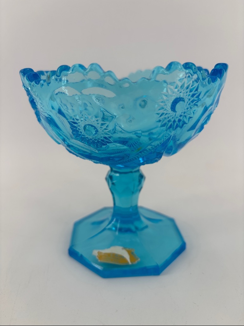Vintage mid century Kemple glassworks azure blue footed compote